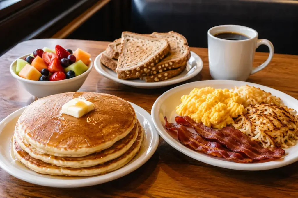 Denny's breakfast nutrition guide with pancakes eggs bacon and fruit