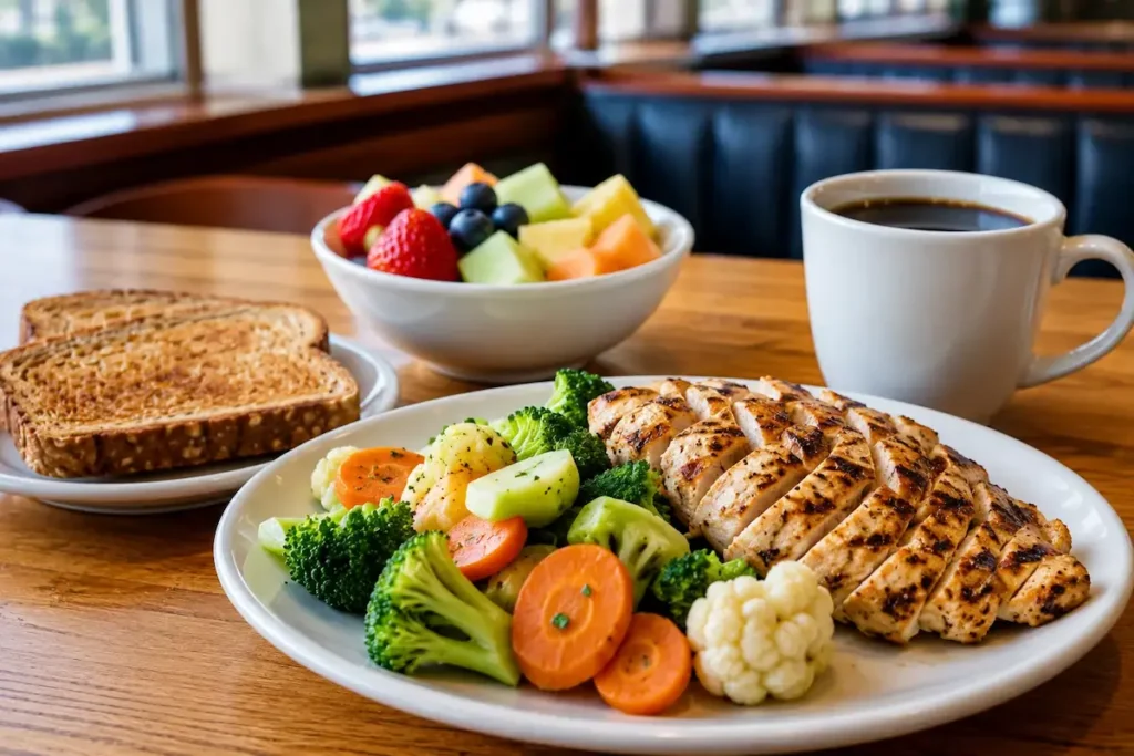 Healthy Denny's meal with grilled chicken fresh vegetables and fruit