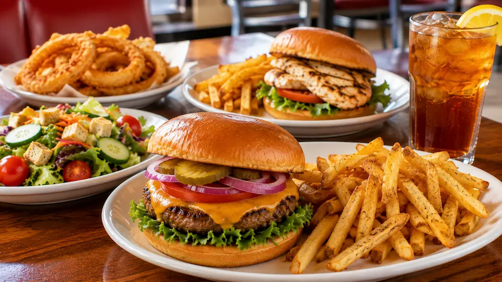Denny's Lunch Menu with Prices (2026): Complete Guide to Lunch Favorites 2 Popular Denny's lunch menu items including burgers, sandwiches, fries and salad