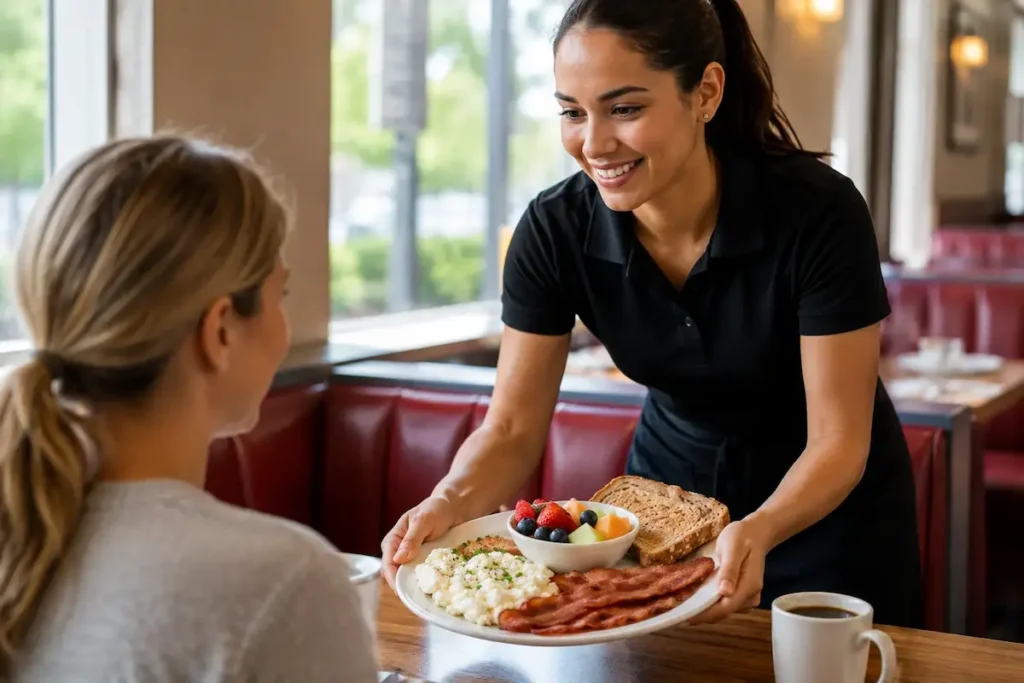 Customizing a healthy Denny's breakfast with fruit and egg whites