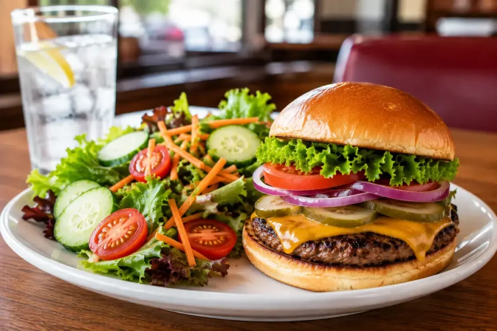 Denny's Burgers Nutrition – Calories, Protein & Nutrition Facts 7 Healthy burger meal with salad instead of French fries