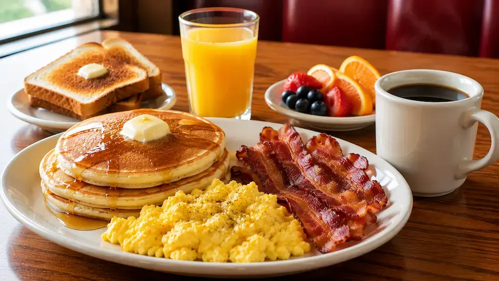 Coffee and orange juice served with a Denny's style breakfast.