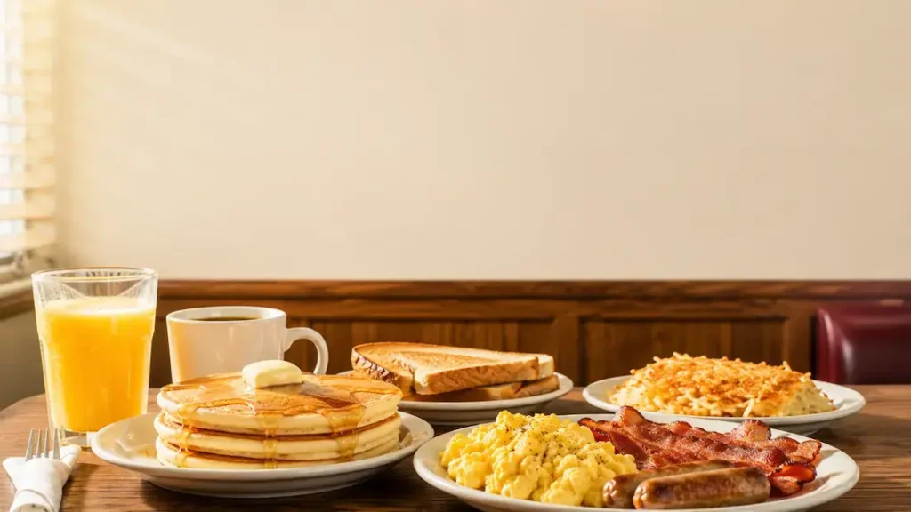 Denny's Breakfast Menu with pancakes, eggs, bacon, hash browns and coffee.