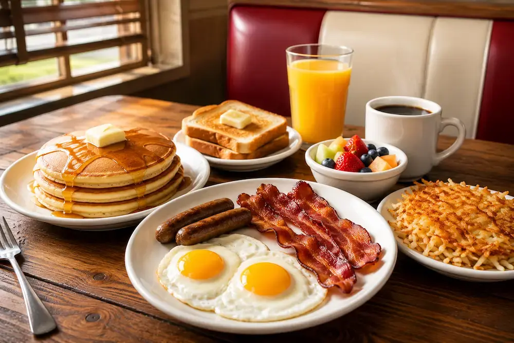 Denny's breakfast menu featuring popular breakfast meals.