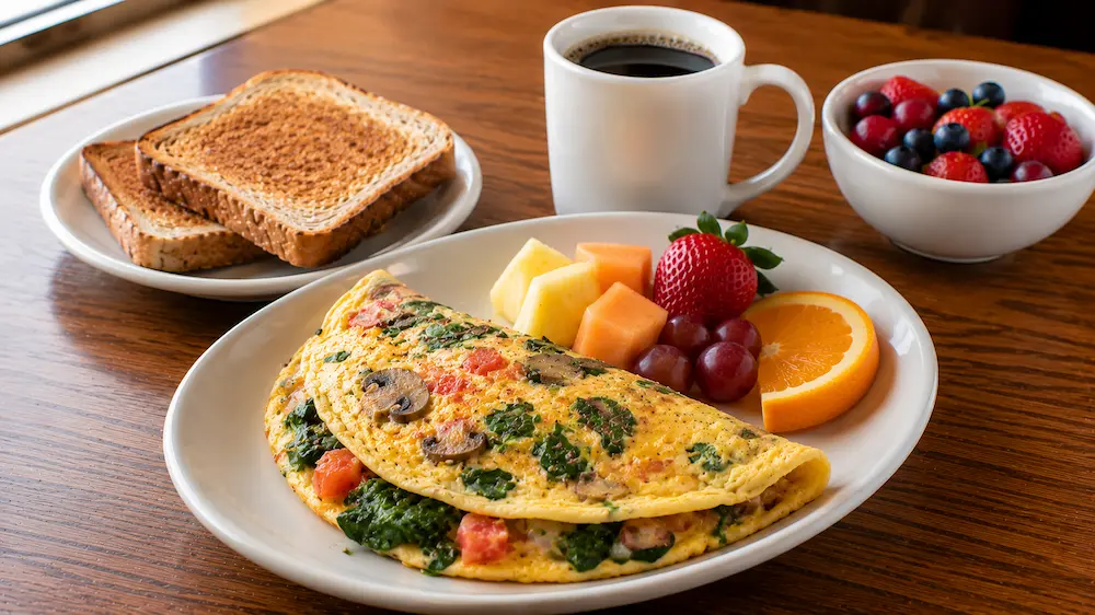 Balanced breakfast with eggs, fresh fruit, toast, and coffee.