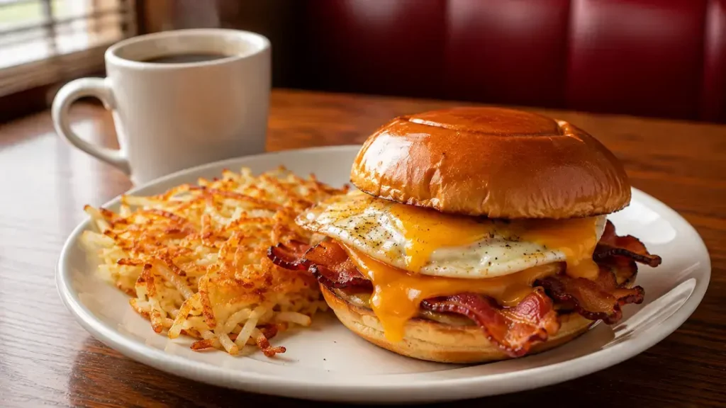 Denny's style breakfast sandwich served with hash browns and coffee.