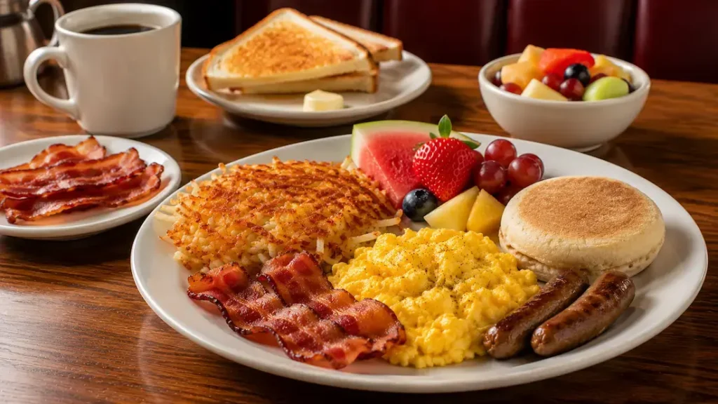 Popular Denny's breakfast side dishes including hash browns, bacon, toast, and fresh fruit.
