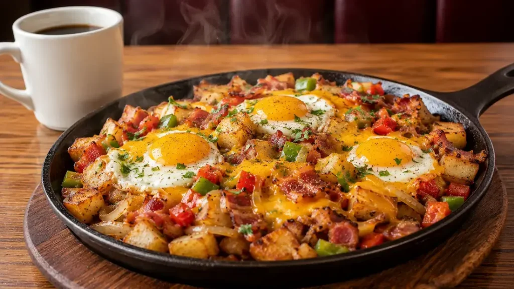 Denny's breakfast skillet with eggs, potatoes, bacon, and cheese.