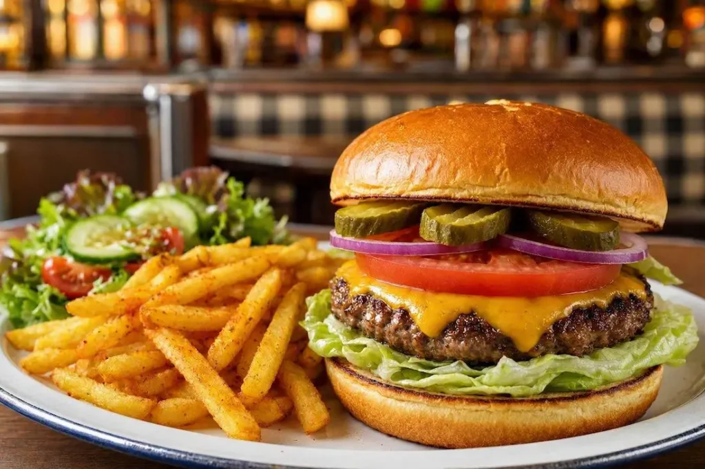 Denny's Dinner Menu: Complete Guide to Prices, Meals & Popular Choices 3 Denny's dinner burger with cheese, fries and side salad