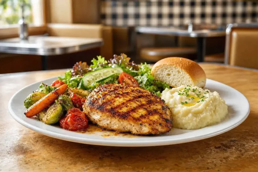 Denny's Dinner Menu: Complete Guide to Prices, Meals & Popular Choices 2 Denny's grilled chicken dinner with vegetables and side dishes
