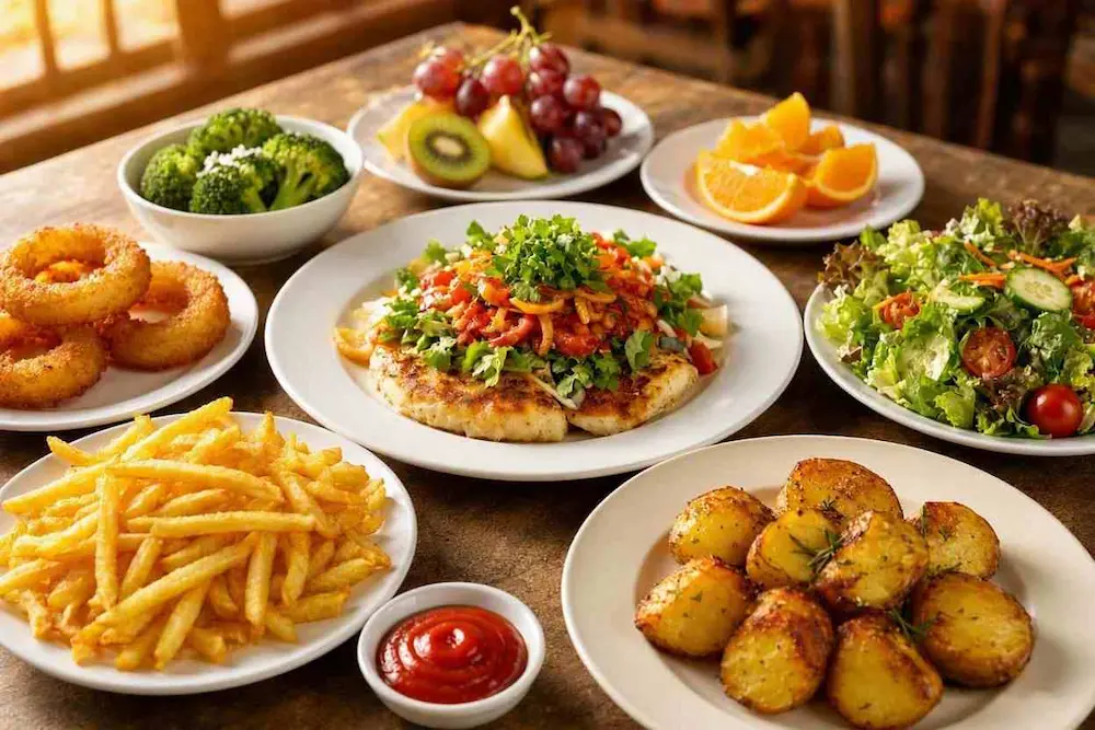 Denny's Dinner Menu: Complete Guide to Prices, Meals & Popular Choices 6 Denny's dinner sides including fries, vegetables, salad and potatoes