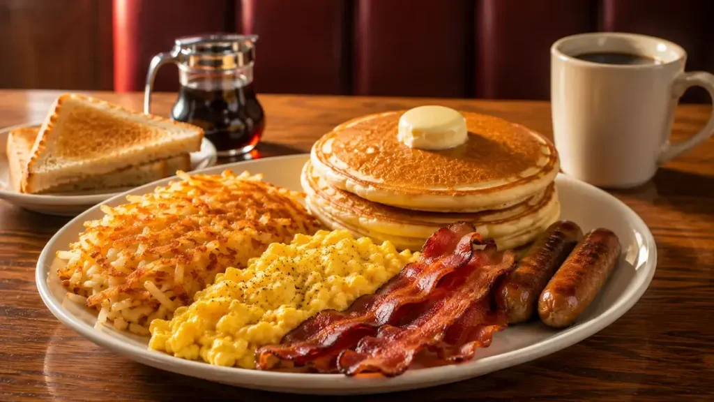 Denny's Original Grand Slam breakfast with pancakes, eggs, bacon and sausage.