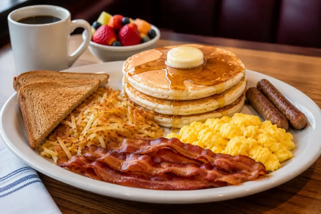Denny's Grand Slam breakfast with pancakes eggs bacon and sausage