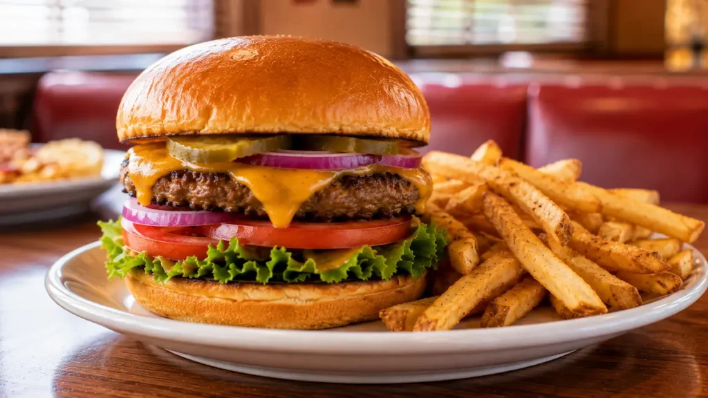Denny's Lunch Menu with Prices (2026): Complete Guide to Lunch Favorites 3 Denny's lunch burger with cheese, lettuce, tomato, onions and fries