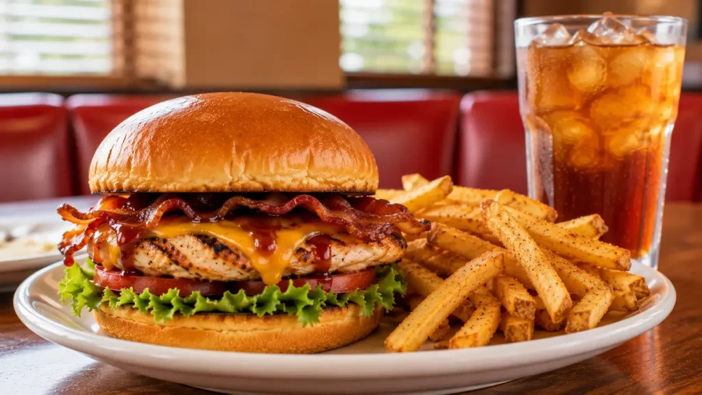 Denny's Lunch Menu with Prices (2026): Complete Guide to Lunch Favorites 4
Denny's lunch sandwich with chicken, bacon, cheese and fries