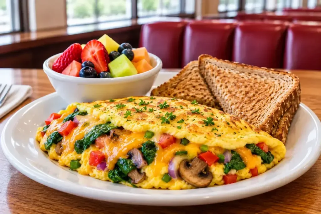 Denny's vegetable omelet with toast and fresh fruit