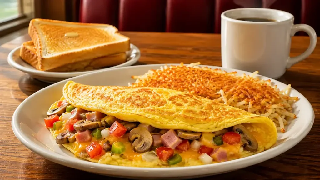 Denny's style Ultimate Omelette with hash browns and toast.