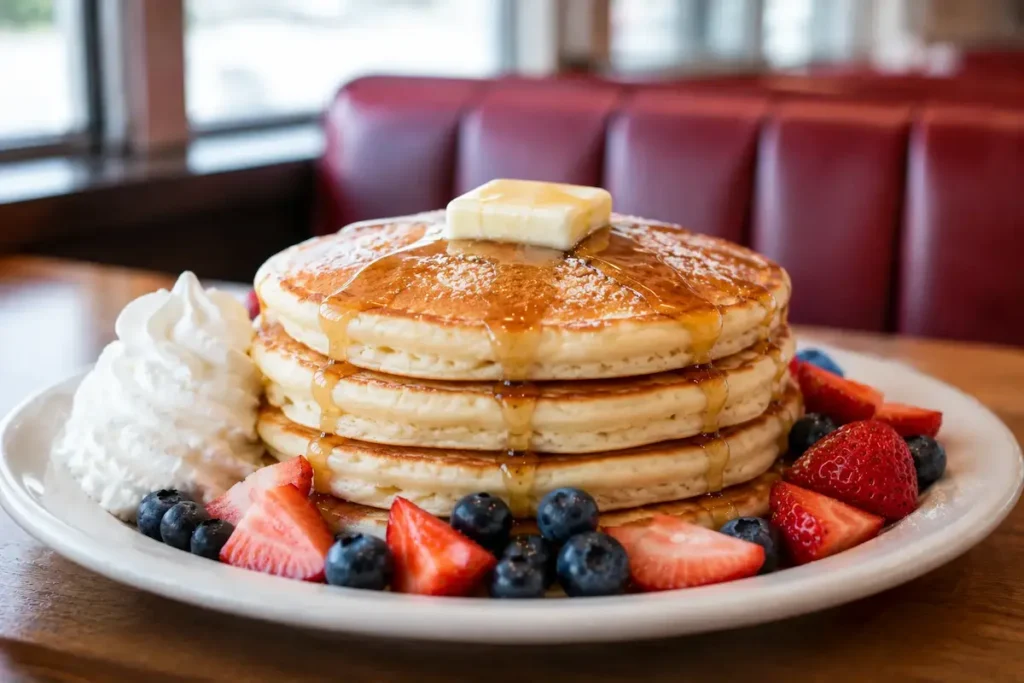 Denny's buttermilk pancakes with butter and maple syrup