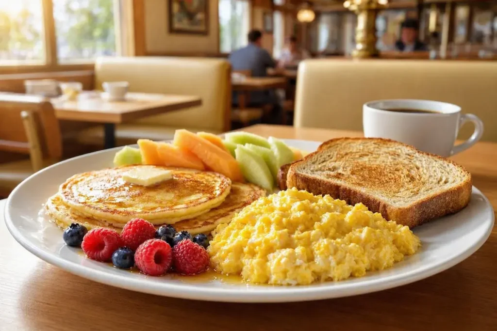 Denny's Senior Menu: Prices, Meals & Options 2 Denny's senior breakfast with eggs pancakes and fresh fruit