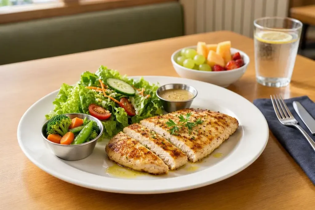 Denny's Senior Menu: Prices, Meals & Options 4 Balanced senior-friendly Denny's meal with chicken vegetables and salad