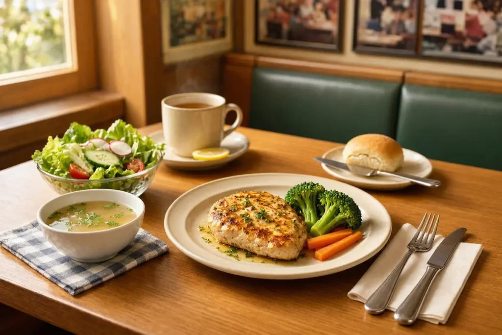 Denny's Senior Menu: Prices, Meals & Options 3 Senior-friendly Denny's meal with chicken salad soup and vegetables