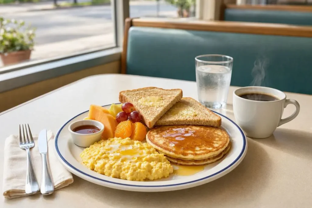 Denny's Senior Menu: Prices, Meals & Options 1 Denny's senior-friendly meal with eggs pancakes fruit and coffee