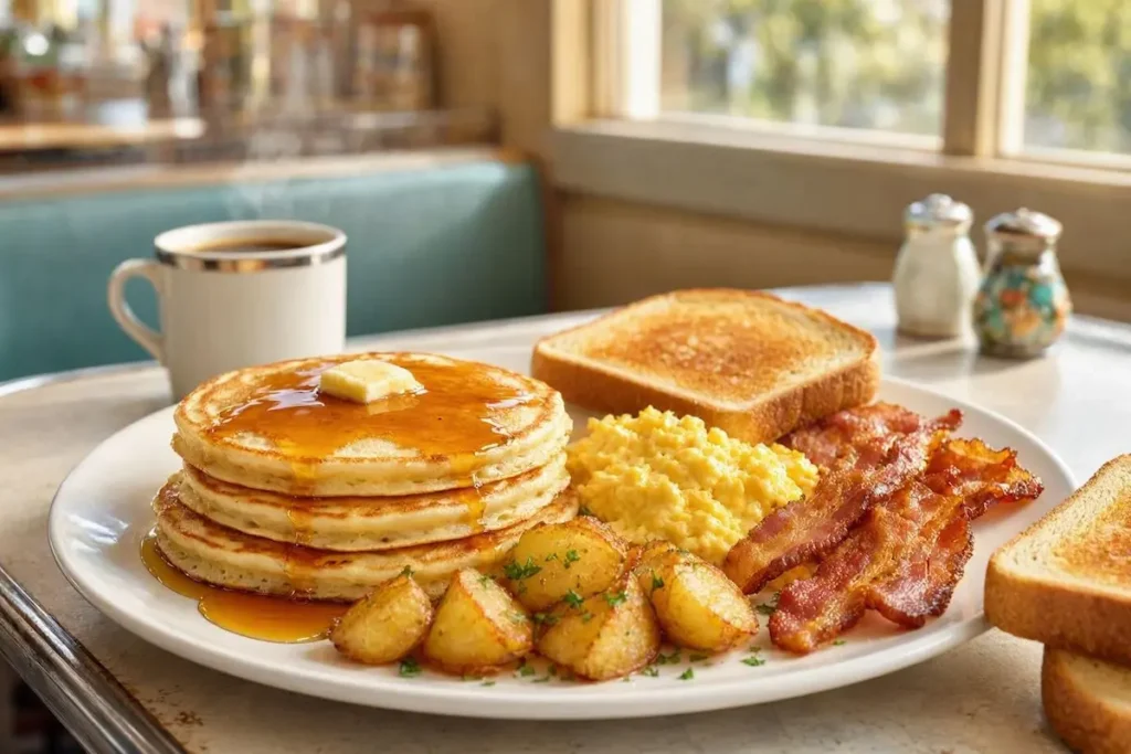 Affordable Denny's breakfast choices with pancakes and eggs