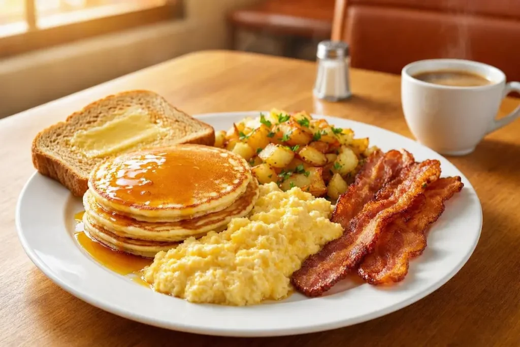 Affordable Denny's breakfast with pancakes eggs and potatoes