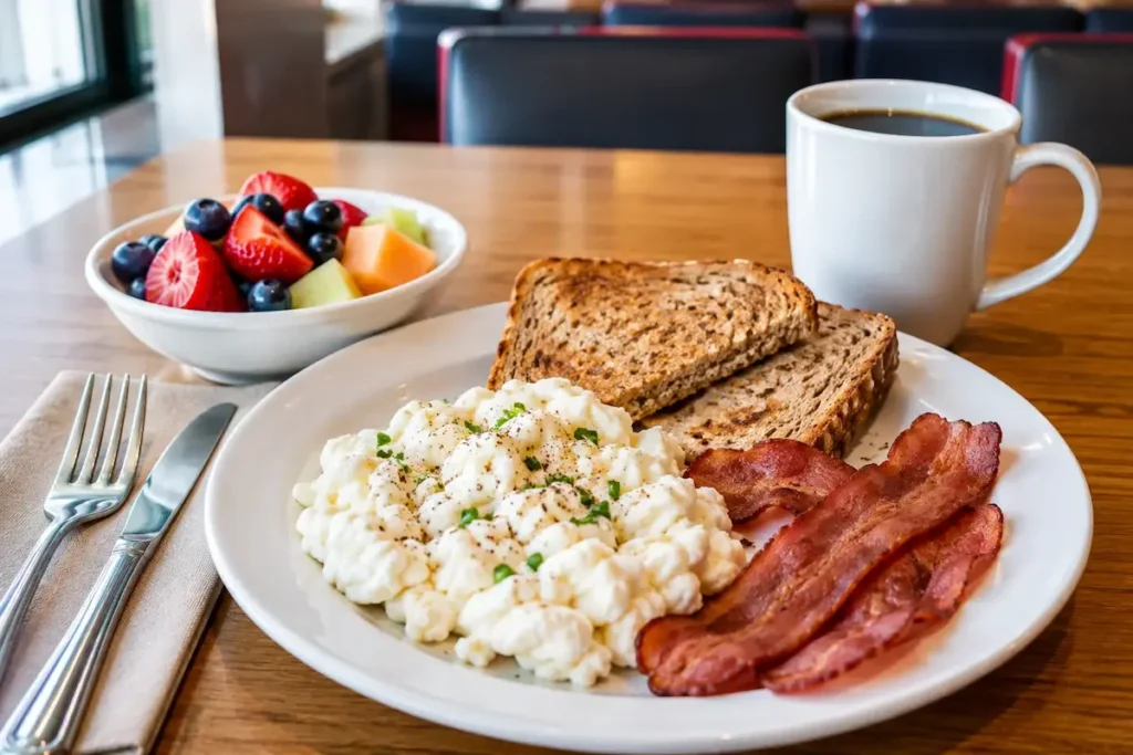 Healthy breakfast options at Denny's with eggs fruit and whole grain toast