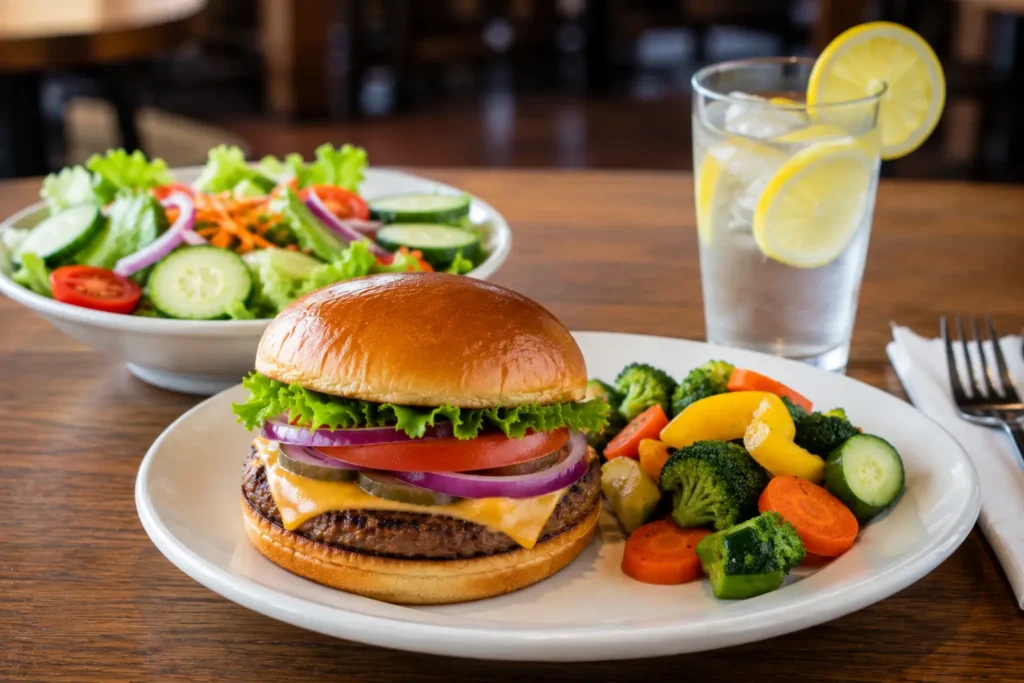 Denny's Burgers Nutrition – Calories, Protein & Nutrition Facts 9 Healthy burger meal with fresh salad and water at Denny's