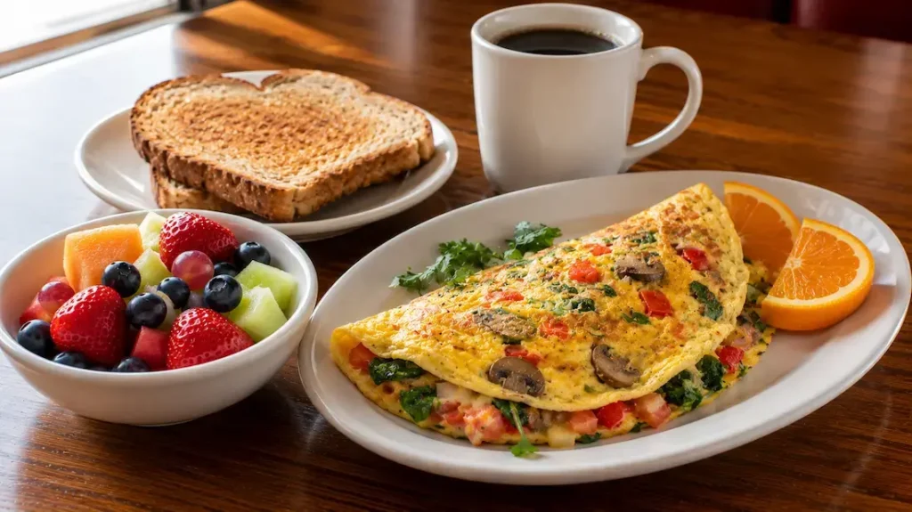 Healthy Denny's style breakfast with veggie omelette and fresh fruit.
