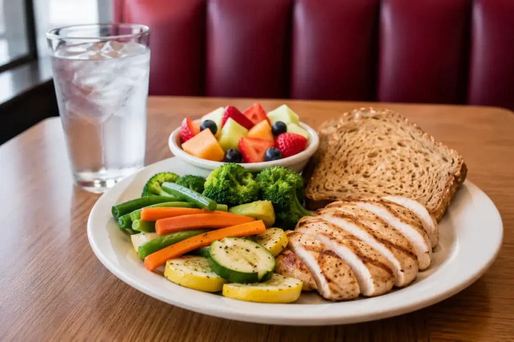 Healthy eating tips at Denny's with grilled chicken fresh vegetables and fruit