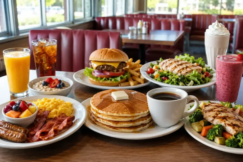 Healthy pancake breakfast with berries eggs and coffee