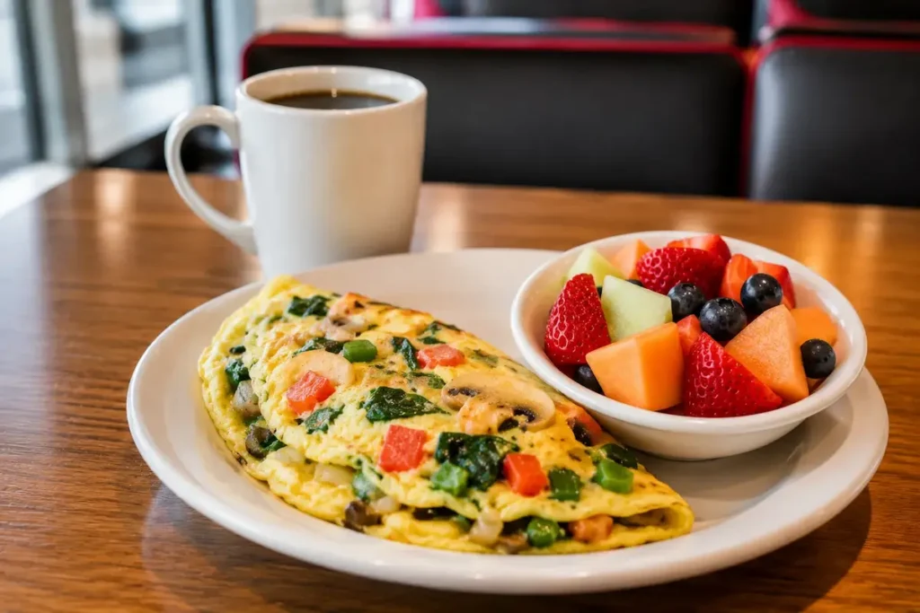 Healthy vegetable omelet with fruit and coffee