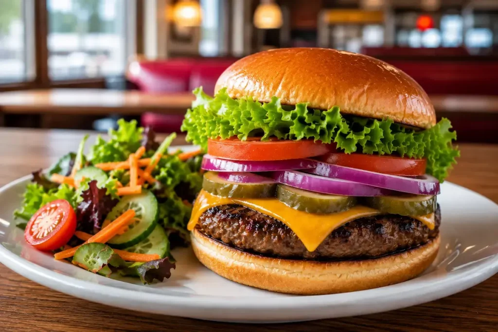 Denny's Burgers Nutrition – Calories, Protein & Nutrition Facts 6 High-protein cheeseburger with fresh vegetables at Denny's