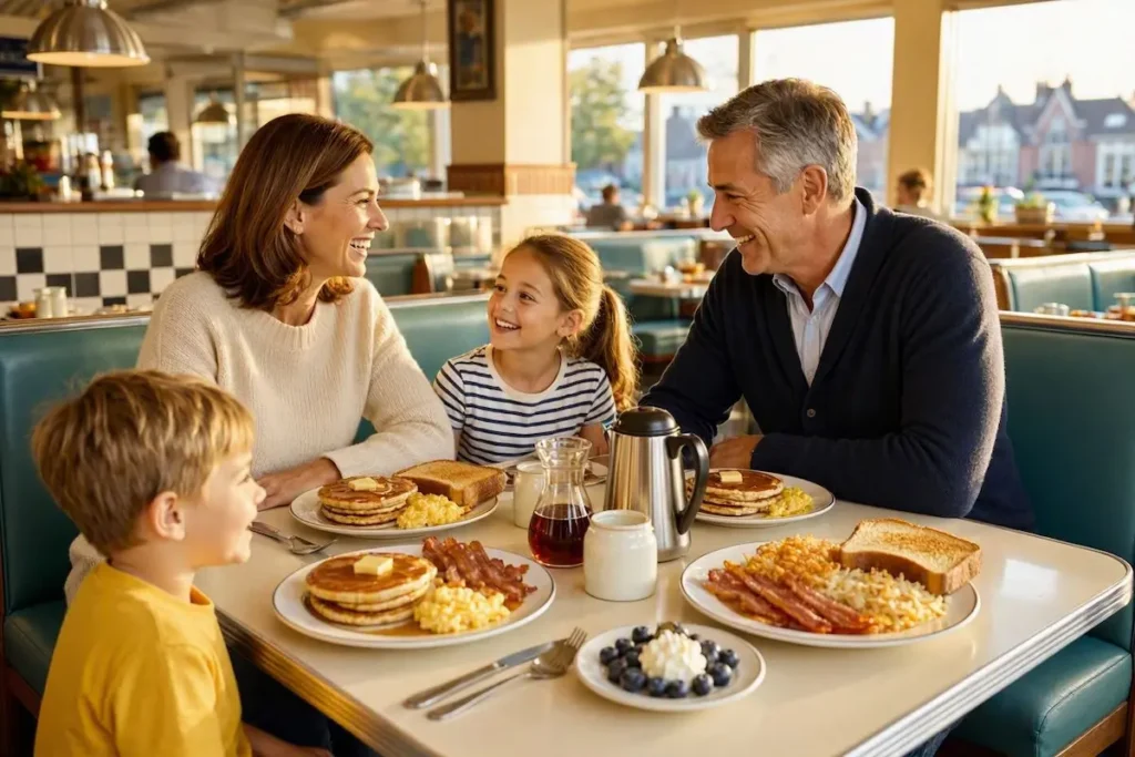 Family enjoying a customized Denny's breakfast