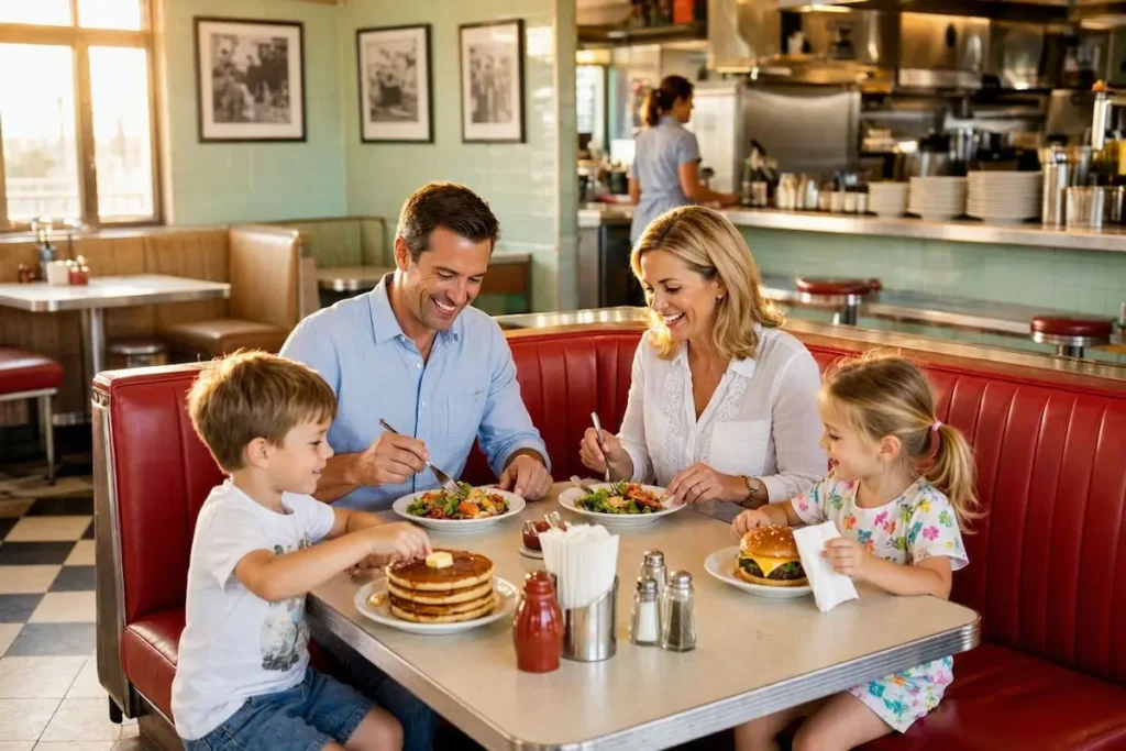 Family enjoying a Denny’s Kids Eat Free dinner