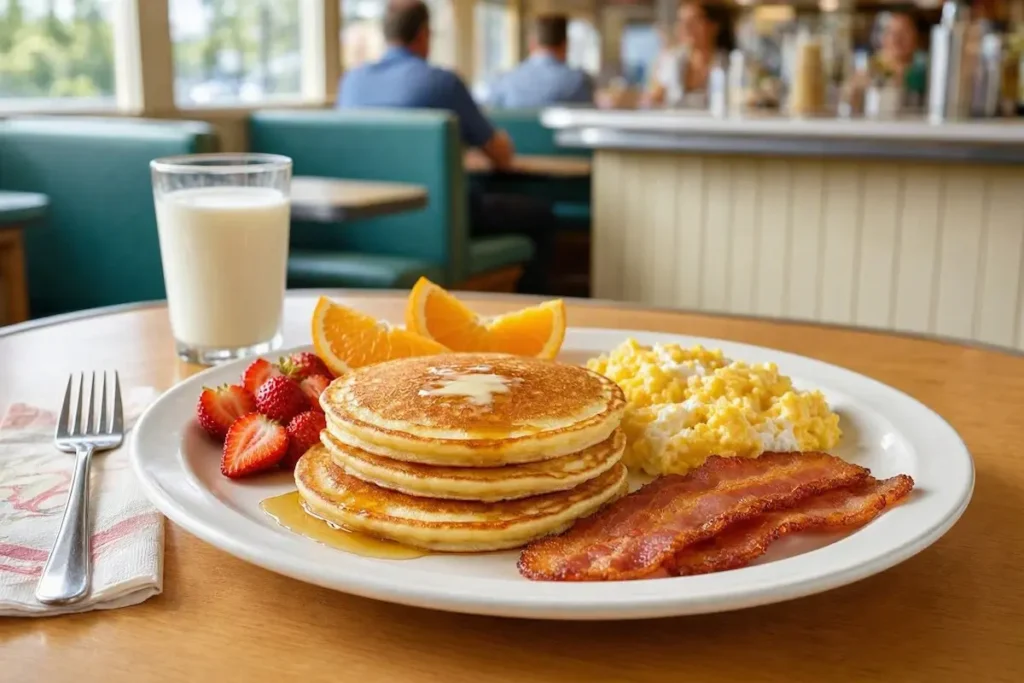 Denny’s Kids Menu breakfast with pancakes eggs bacon and fruit
